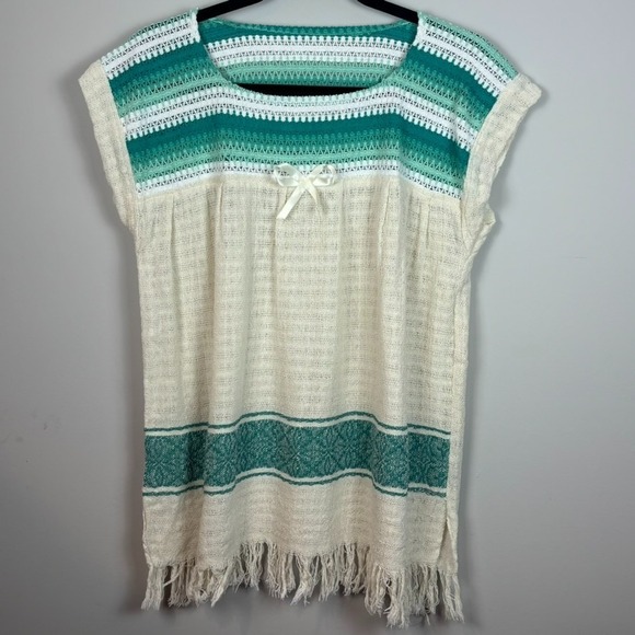 Handmade Tops - Womens Handmade Teal‎ Beige Crochet Woven Fringe Cap Sleeve Hippie Peasant Top M